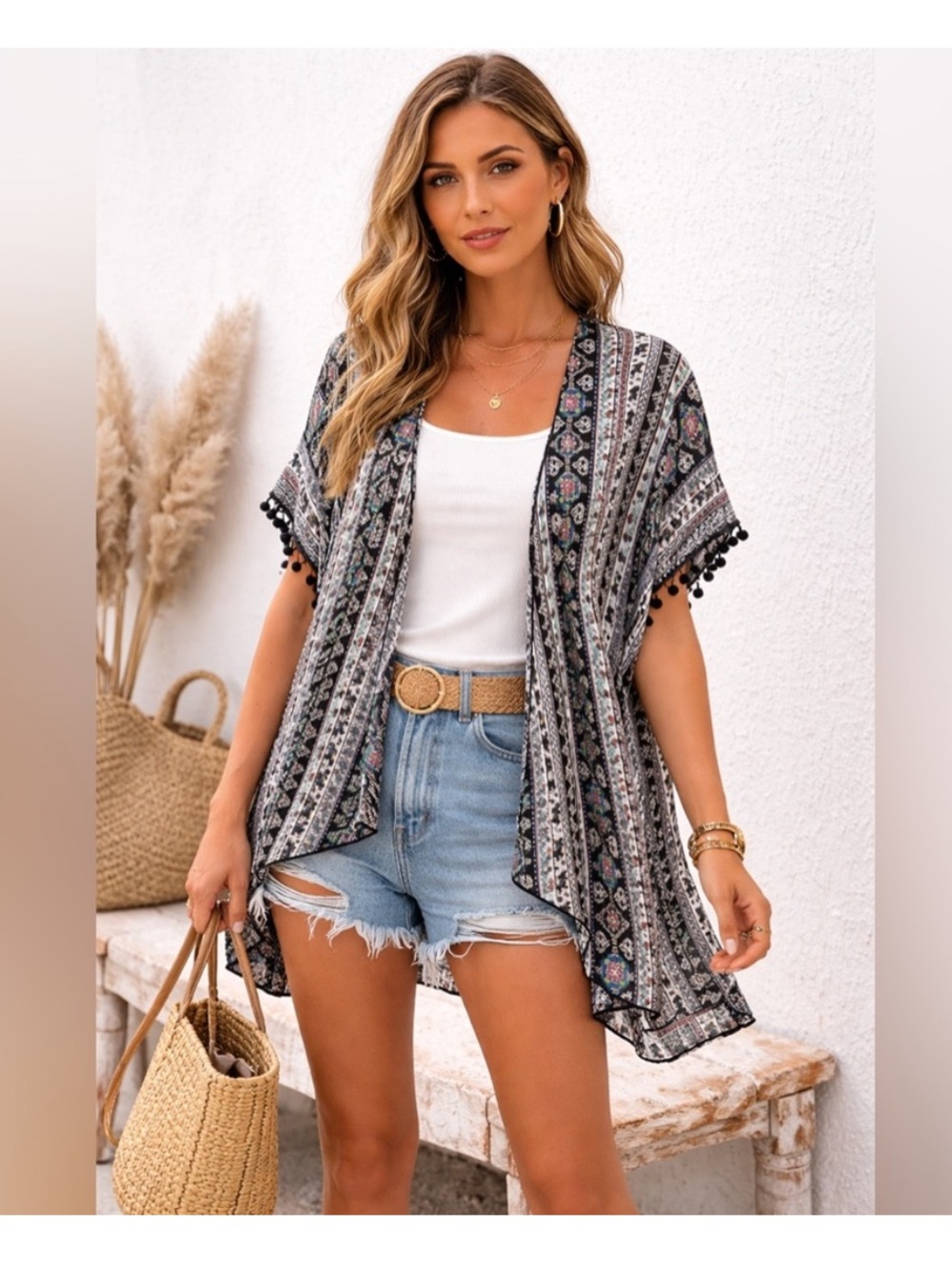 Poetry Boho Coastal Kimono Cardigan Elephant Print Sheer Tassel Trim Boho Medium